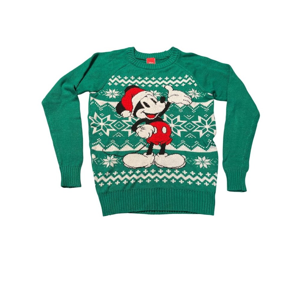 Disney Mickey Mouse Christmas Sweater Green White Fair Isle Print XS
